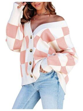 Dokotoo Womens Plaid V Neck Button Down Cable Knit Oversized Cardigan Sweater